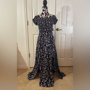 Women's Boho Floral Print Off Shoulder Split Long A Line Dress